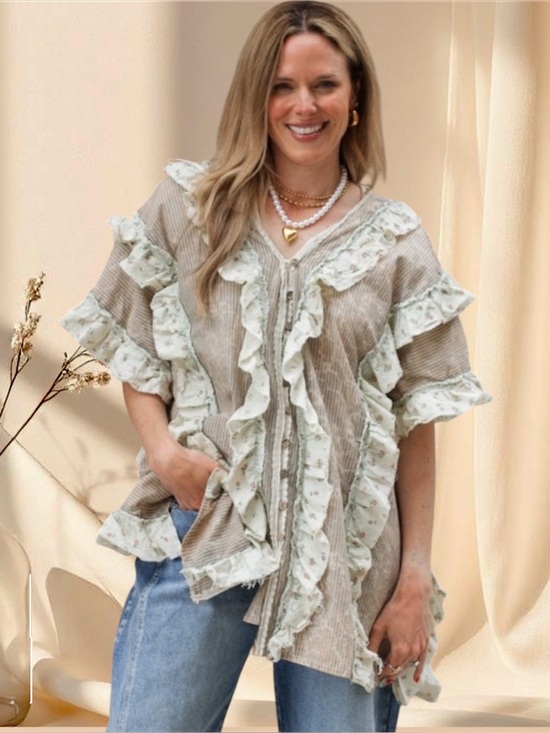 Oli & Hali Tops - LAST ONE Oli & Hali Ruffle Trim Button Down Stripe & Floral Top